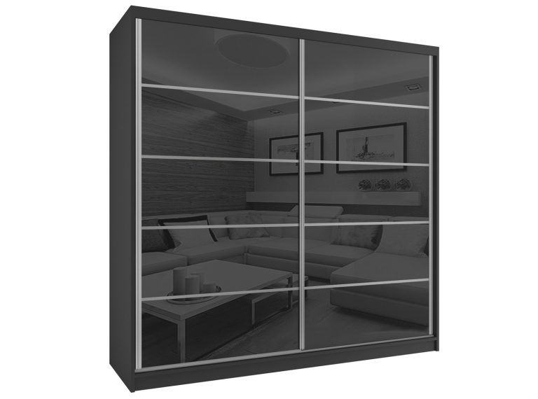 Šatní skříň 200cm Belini černý mat / černý mat s posuvnými dveřmi a zrcadlem BH SZP1/2/B/WI/5B/HI