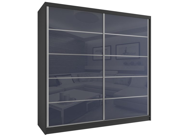 Šatní skříň 200cm Belini černý mat / šedý lesk s posuvnými dveřmi Výrobce BH SZP1/2/B/WI/5S/HI