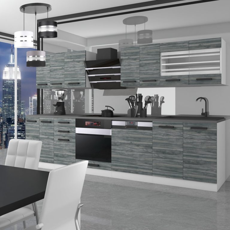 Kuchyňská linka Belini Premium Full Version 300 cm šedý antracit Glamour Wood s pracovní deskou LUCY Výrobce TOR LUCY/0/WT/GW/B/B1