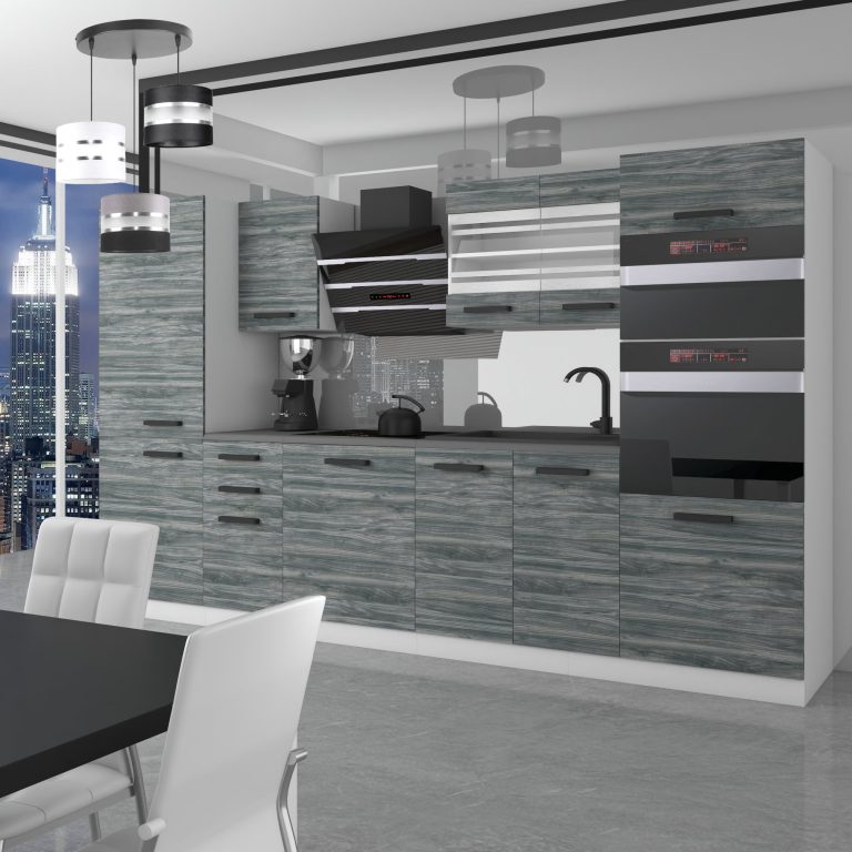 Kuchyňská linka Belini Premium Full Version 300 cm šedý antracit Glamour Wood s pracovní deskou MILA Výrobce TOR MILA/0/WT/GW/B/B1