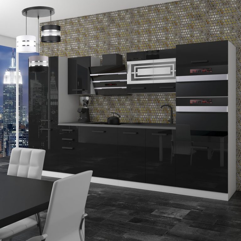 Kuchyňská linka Belini Premium Full Version 300 cm černý lesk s pracovní deskou MILA Výrobce INF MILA/0/WT/B/B/B1