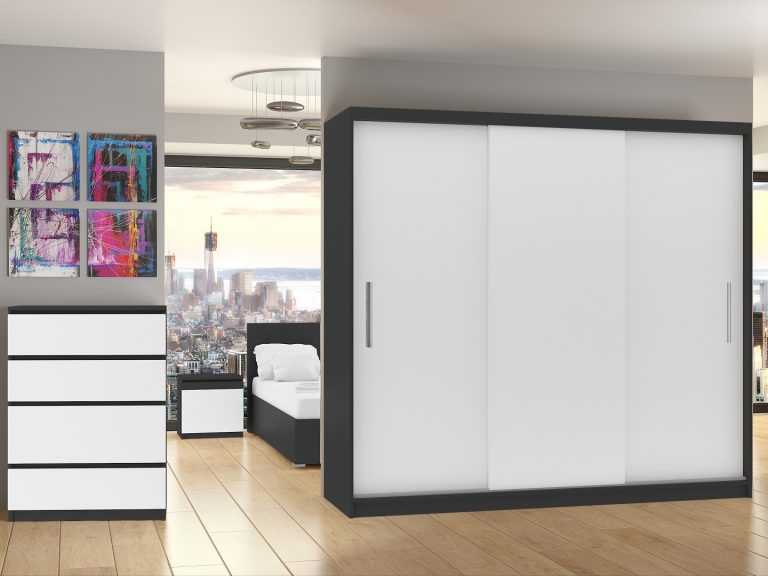 Šatní skříň 232 cm Belini černý mat / bílý mat s posuvnými dveřmi Výrobce SI SZP4/2/1B/3W/0/AL