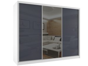 Šatní skříň 232 cm Belini bílý mat / šedý lesk s posuvnými dveřmi a zrcadlem Výrobce BM SZP4/2/W/WI/2S1L/HI