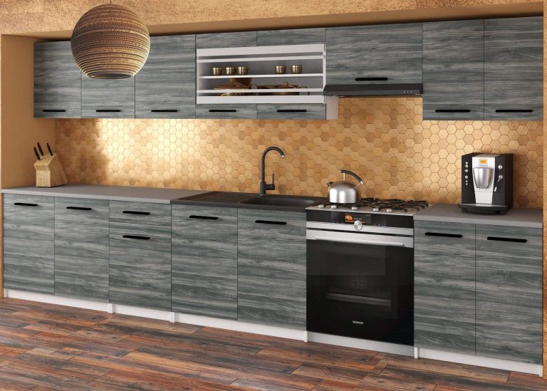 Kuchyňská linka Belini 320 cm šedá antracit Glamour Wood s pracovní deskou Julia Výrobce TOR JULIA/4/WT/GW1/0/B1
