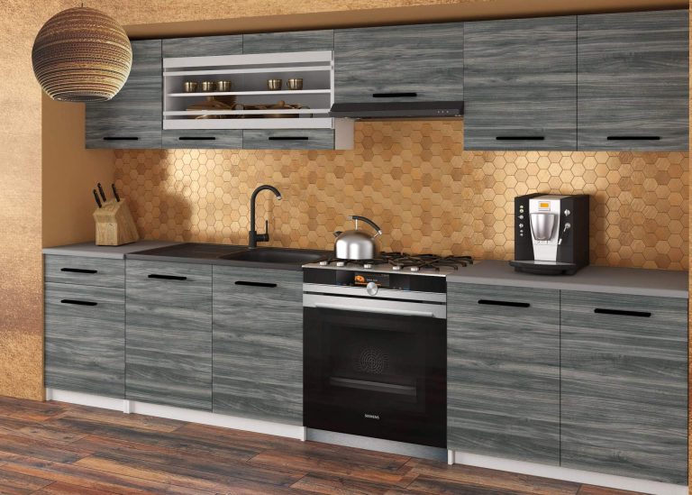 Kuchyňská linka Belini 260 cm šedý antracit Glamour Wood s pracovní deskou Justyna Výrobce TOR JUSTYNA/3/WT/GW1/0/B1