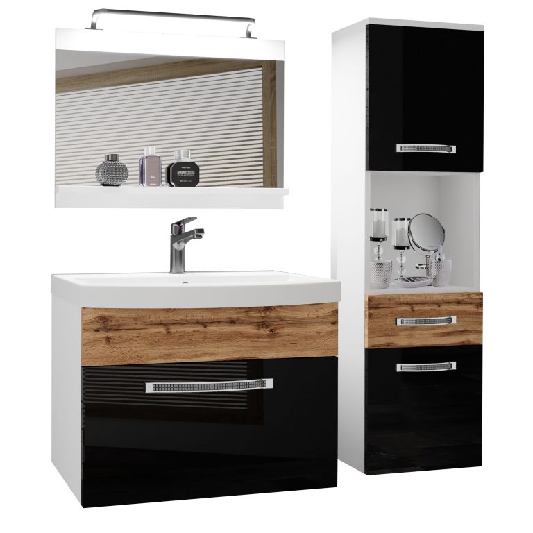 Koupelnový nábytek Belini Premium Full Version černý lesk / dub wotan + umyvadlo + zrcadlo + LED osvětlení Glamour 57 Výrobce GLA PM 3/0/W/BDW/0/MB/PP
