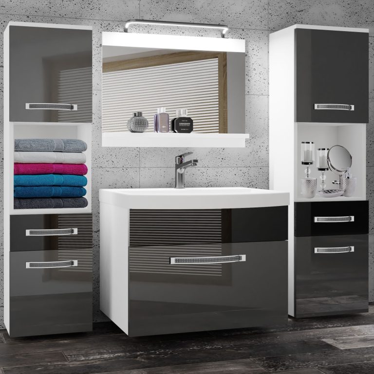 Koupelnový nábytek Belini Premium Full Version šedý lesk / černý lesk + umyvadlo + zrcadlo + LED osvětlení Glamour 107 Výrobce GLA P 6/0/W/SB/0/MB/PP
