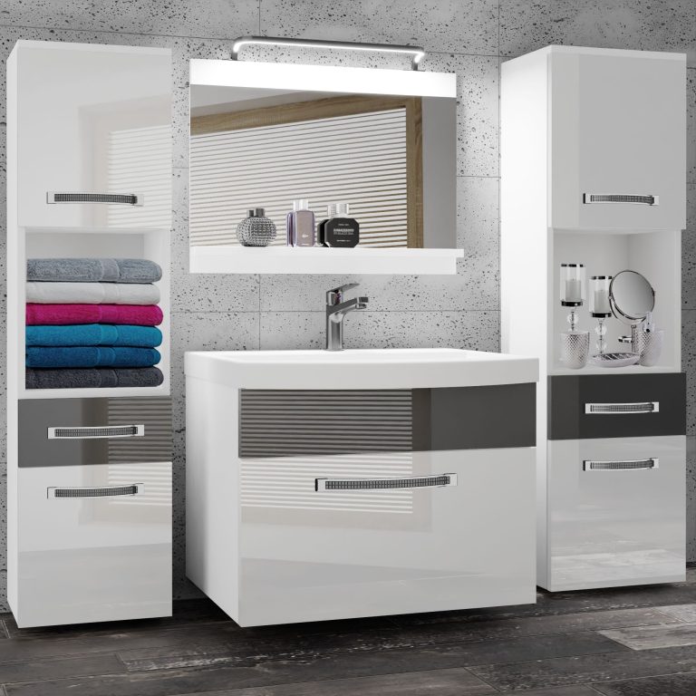 Koupelnový nábytek Belini Premium Full Version bílý lesk / šedý lesk
+ umyvadlo + zrcadlo + LED osvětlení Glamour 104 Výrobce GLA P 6/0/W/WS/0/MB/PP
