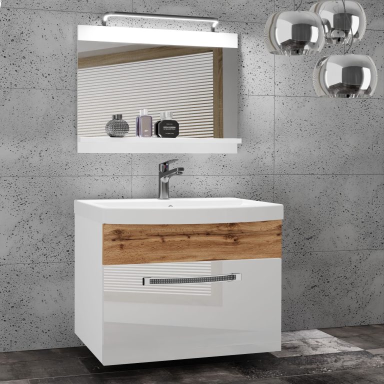 Koupelnový nábytek Belini Premium Full Version bílý lesk / dub wotan + umyvadlo + zrcadlo + LED osvětlení Glamour 17 Výrobce GLA PM 1/0/W/WDW/0/MB/PP
