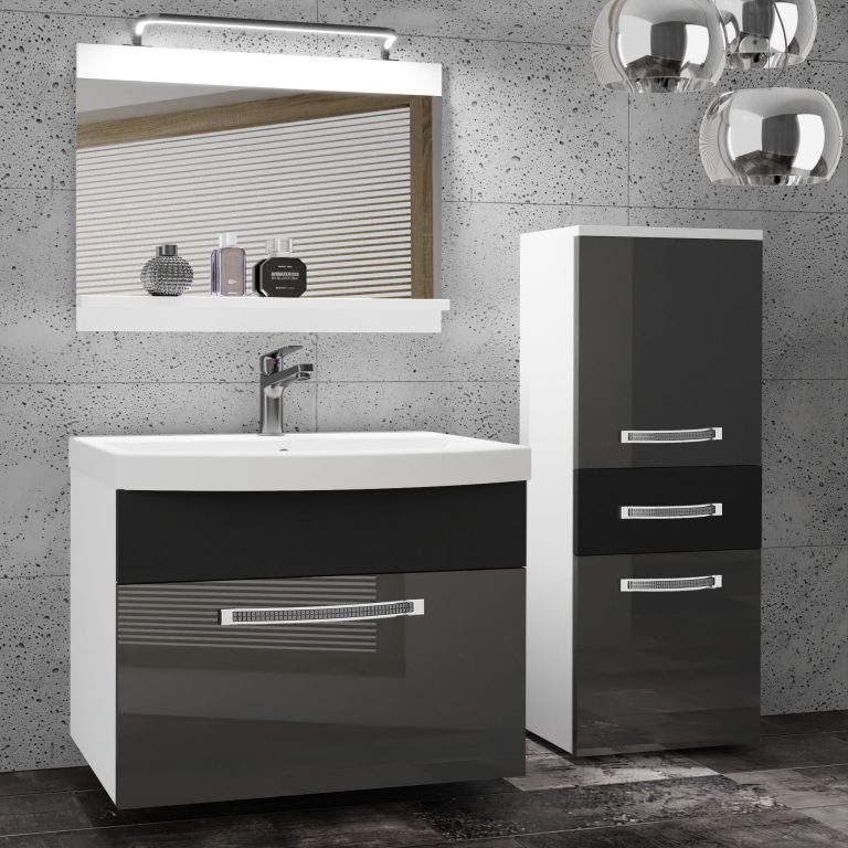 Koupelnový nábytek Belini Premium Full Version šedý lesk / černý mat + umyvadlo + zrcadlo + LED osvětlení Glamour 32 Výrobce GLA PM 2/0/W/SB/0/MB/PP
