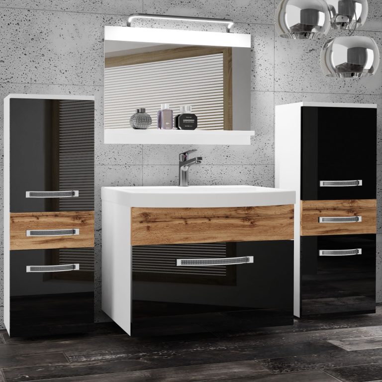 Koupelnový nábytek Belini Premium Full Version černý lesk / dub wotan + umyvadlo + zrcadlo + LED osvětlení Glamour 76 Výrobce GLA PM 4/0/W/BDW/0/MB/PP
