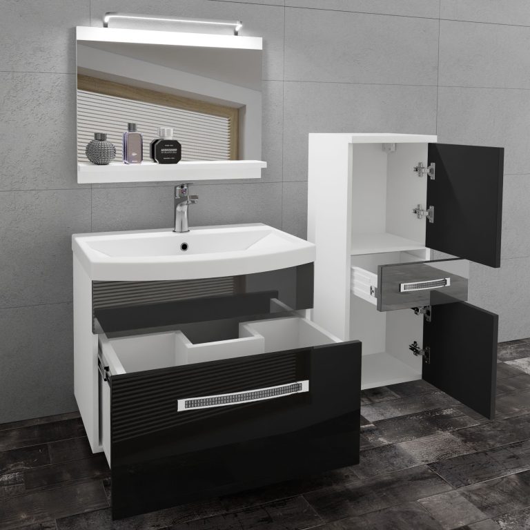 Koupelnový nábytek Belini Premium Full Version černý lesk / šedý lesk
 + umyvadlo + zrcadlo + LED osvětlení Glamour 30 Výrobce GLA P 2/0/W/BS/0/MB/PP
