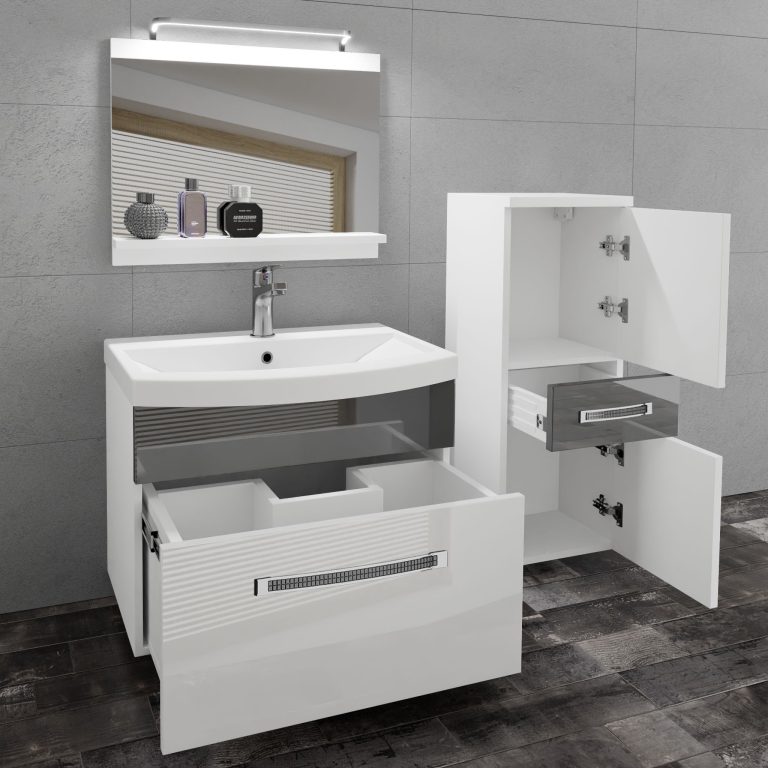Koupelnový nábytek Belini Premium Full Version bílý lesk / šedý lesk
+ umyvadlo + zrcadlo + LED osvětlení Glamour 28 Výrobce GLA P 2/0/W/WS/0/MB/PP
