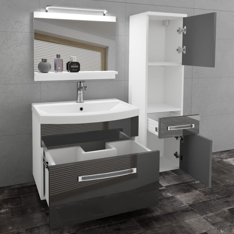 Koupelnový nábytek Belini Premium Full Version šedý lesk
+ umyvadlo + zrcadlo + LED osvětlení Glamour 45 Výrobce GLA P 3/0/W/S/0/MB/PP
