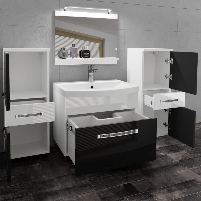 Koupelnový nábytek Belini Premium Full Version černý lesk / bílý lesk
+ umyvadlo + zrcadlo + LED osvětlení Glamour 67 Výrobce GLA P 4/0/W/BW/0/MB/PP
