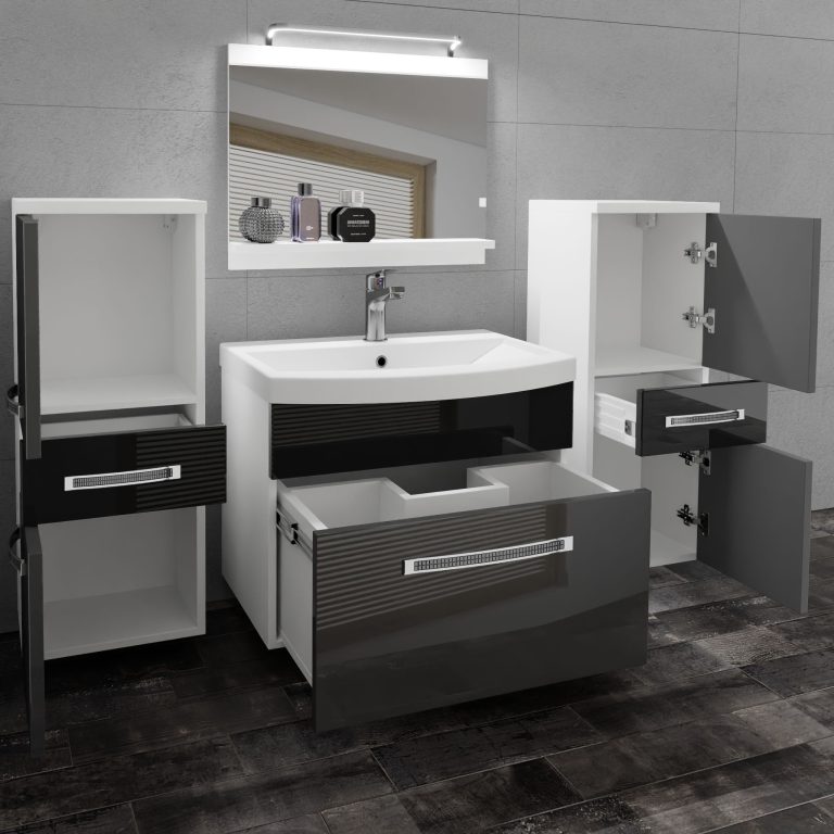 Koupelnový nábytek Belini Premium Full Version šedý lesk / černý lesk
+ umyvadlo + zrcadlo + LED osvětlení Glamour 69 Výrobce GLA P 4/0/W/SB/0/MB/PP
