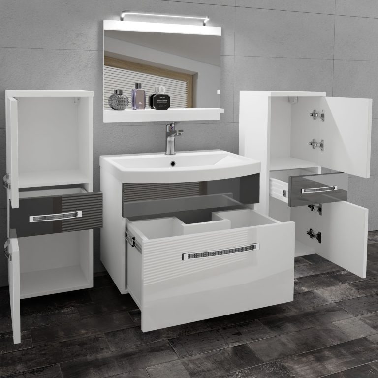 Koupelnový nábytek Belini Premium Full Version bílý lesk / šedý lesk
+ umyvadlo + zrcadlo + LED osvětlení Glamour 66 Výrobce GLA P 4/0/W/WS/0/MB/PP
