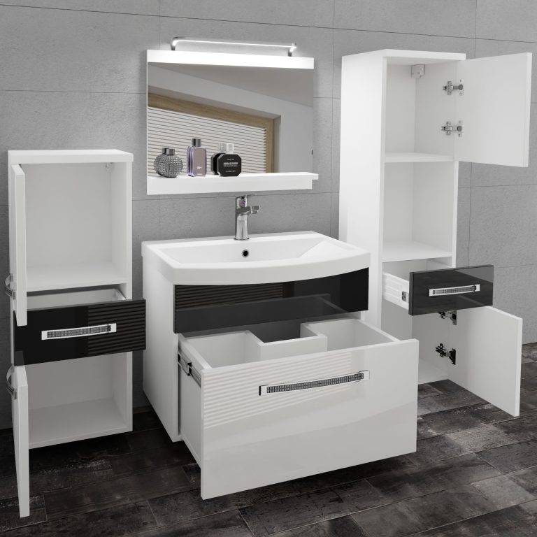 Koupelnový nábytek Belini Premium Full Version bílý lesk / černý lesk
+ umyvadlo + zrcadlo + LED osvětlení Glamour 84 Výrobce GLA P 5/0/W/WB/0/MB/PP
