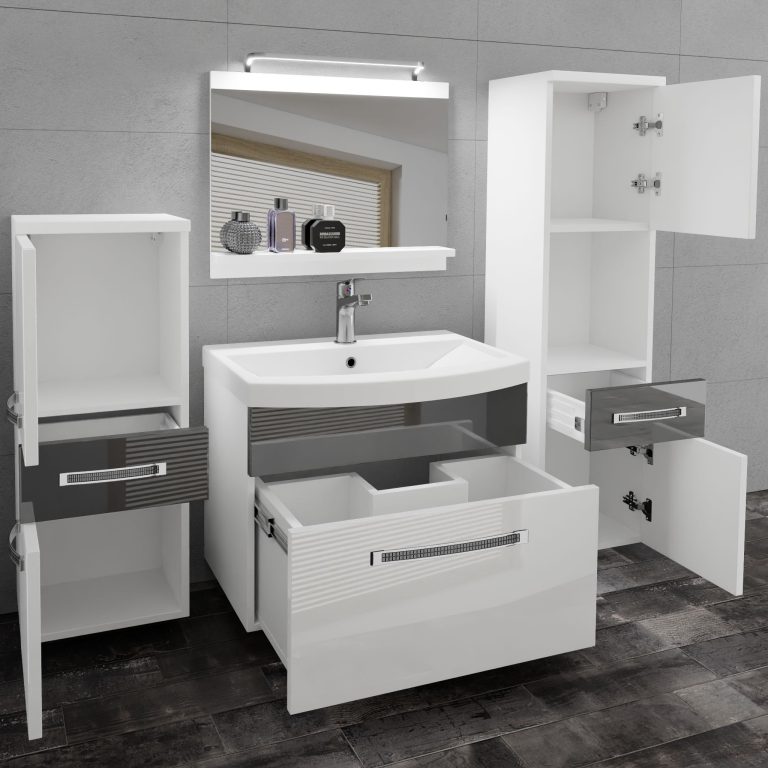 Koupelnový nábytek Belini Premium Full Version bílý lesk / šedý lesk
+ umyvadlo + zrcadlo + LED osvětlení Glamour 85 Výrobce GLA P 5/0/W/WS/0/MB/PP
