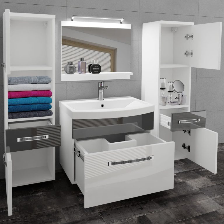 Koupelnový nábytek Belini Premium Full Version bílý lesk / šedý lesk
+ umyvadlo + zrcadlo + LED osvětlení Glamour 104 Výrobce GLA P 6/0/W/WS/0/MB/PP
