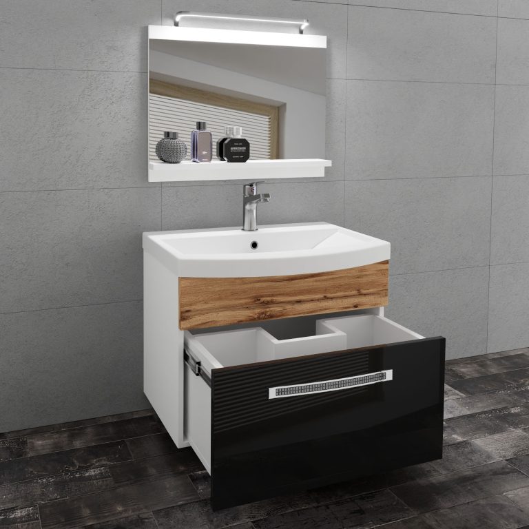Koupelnový nábytek Belini Premium Full Version černý lesk / dub wotan + umyvadlo + zrcadlo + LED osvětlení Glamour 19 Výrobce GLA PM 1/0/W/BDW/0/MB/PP

