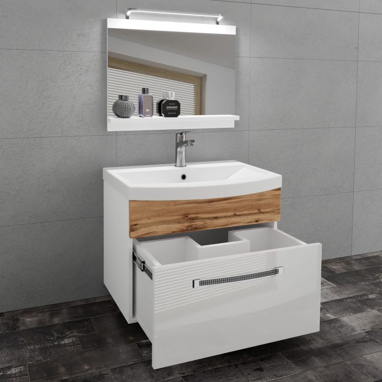 Koupelnový nábytek Belini Premium Full Version bílý lesk / dub wotan + umyvadlo + zrcadlo + LED osvětlení Glamour 17 Výrobce GLA PM 1/0/W/WDW/0/MB/PP
