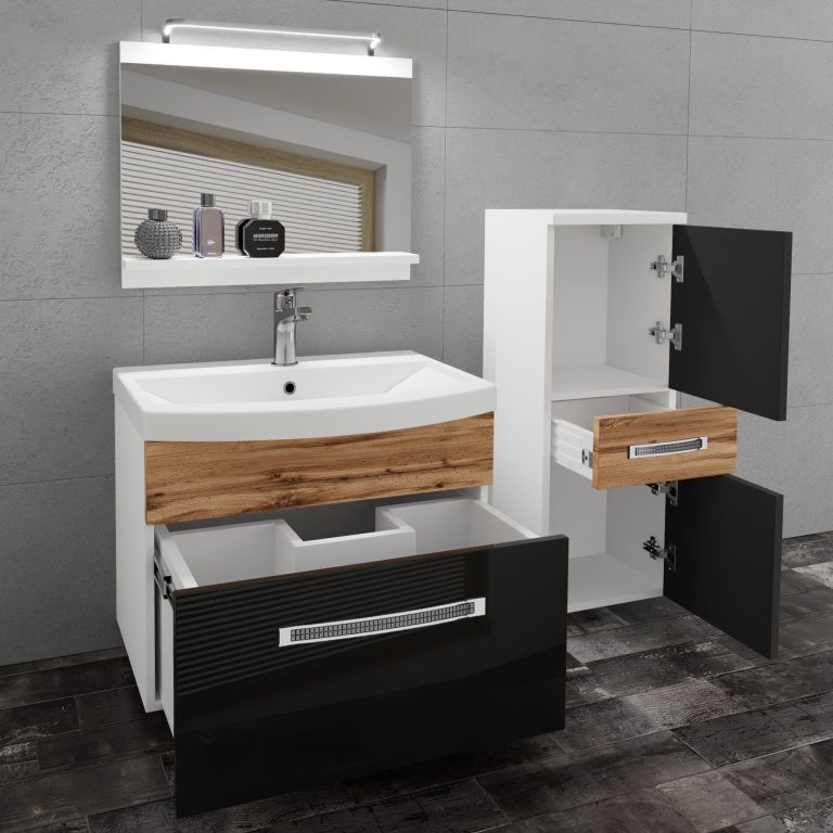 Koupelnový nábytek Belini Premium Full Version černý lesk / dub wotan + umyvadlo + zrcadlo + LED osvětlení Glamour 38 Výrobce GLA PM 2/0/W/BDW/0/MB/PP
