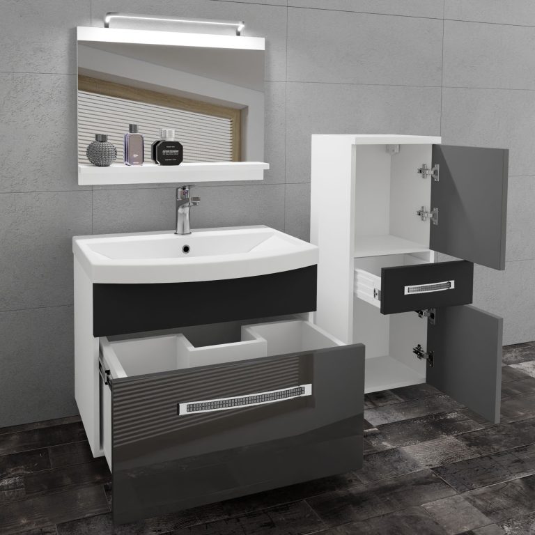 Koupelnový nábytek Belini Premium Full Version šedý lesk / černý mat + umyvadlo + zrcadlo + LED osvětlení Glamour 32 Výrobce GLA PM 2/0/W/SB/0/MB/PP
