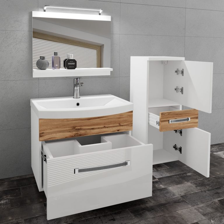 Koupelnový nábytek Belini Premium Full Version bílý lesk / dub wotan
+ umyvadlo + zrcadlo + LED osvětlení Glamour 36 Výrobce GLA PM 2/0/W/WDW/0/MB/PP
