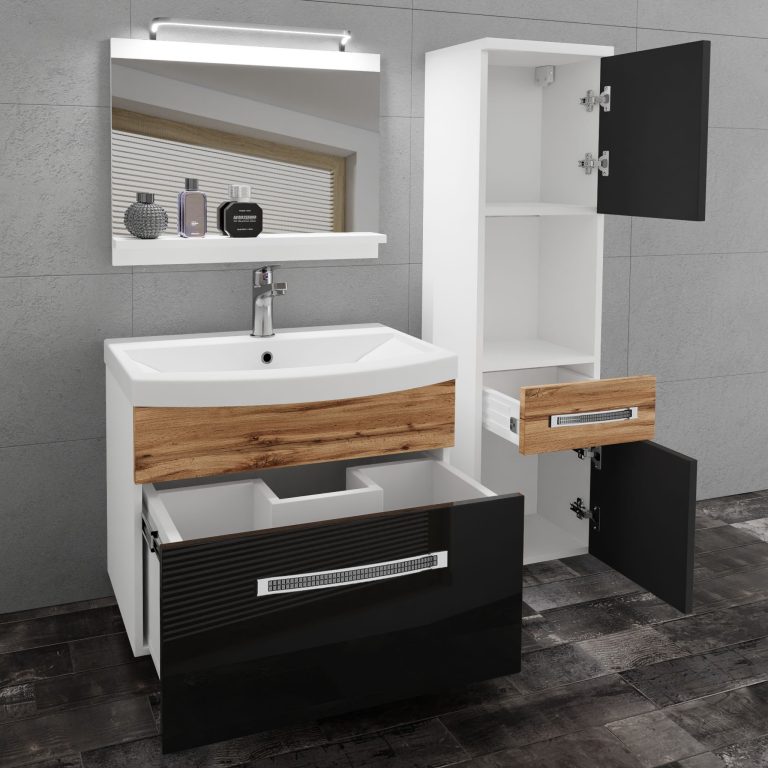Koupelnový nábytek Belini Premium Full Version černý lesk / dub wotan + umyvadlo + zrcadlo + LED osvětlení Glamour 57 Výrobce GLA PM 3/0/W/BDW/0/MB/PP
