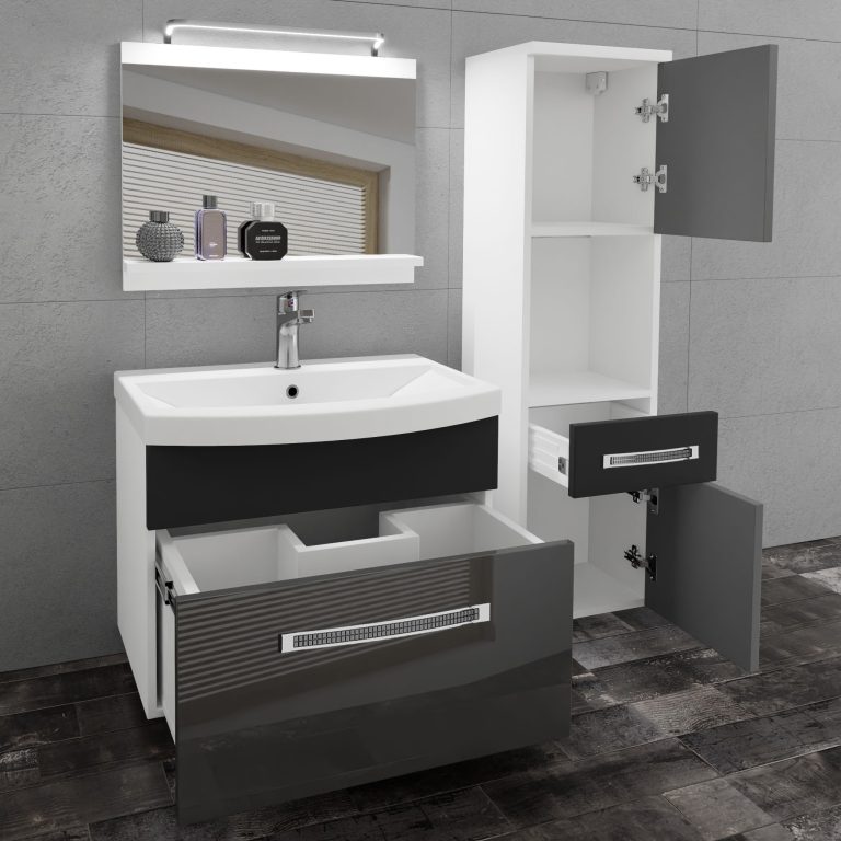 Koupelnový nábytek Belini Premium Full Version šedý lesk / černý lesk
+ umyvadlo + zrcadlo + LED osvětlení Glamour 50 Výrobce GLA PM 3/0/W/SB/0/MB/PP

