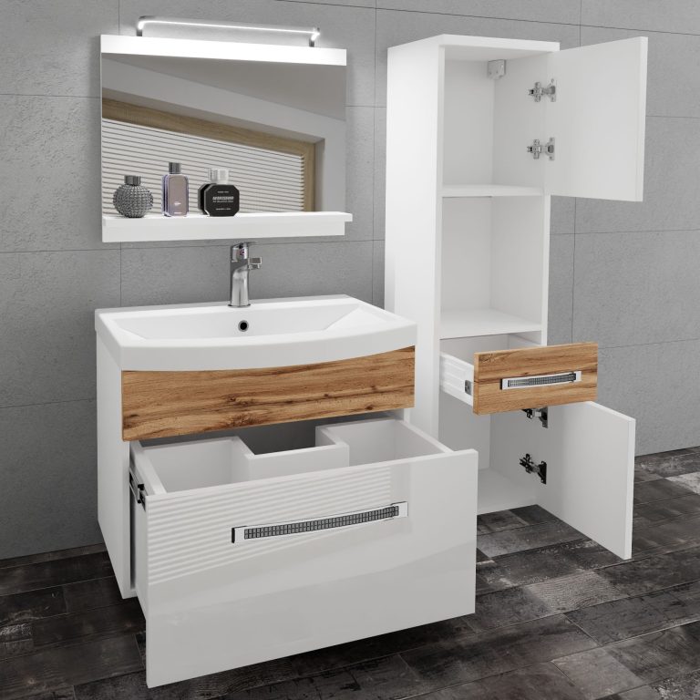 Koupelnový nábytek Belini Premium Full Version bílý lesk / dub wotan
 + umyvadlo + zrcadlo + LED osvětlení Glamour 55 Výrobce GLA PM 3/0/W/WDW/0/MB/PP
