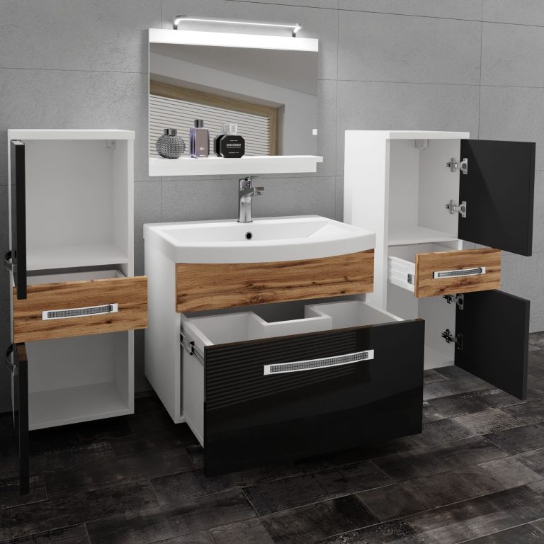 Koupelnový nábytek Belini Premium Full Version černý lesk / dub wotan + umyvadlo + zrcadlo + LED osvětlení Glamour 76 Výrobce GLA PM 4/0/W/BDW/0/MB/PP
