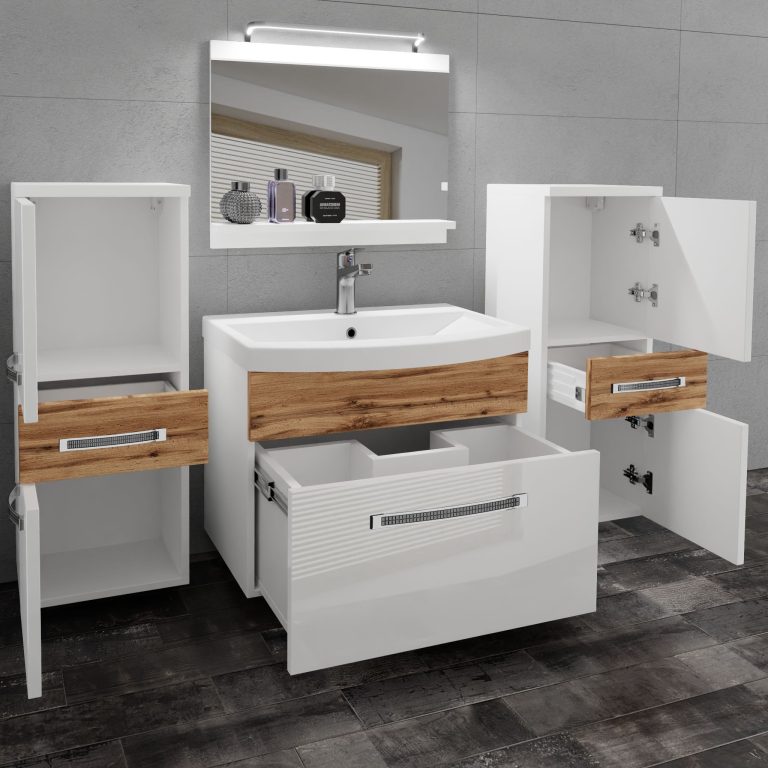 Koupelnový nábytek Belini Premium Full Version bílý lesk / dub wotan
+ umyvadlo + zrcadlo + LED osvětlení Glamour 74 Výrobce GLA PM 4/0/W/WDW/0/MB/PP