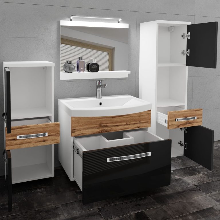 Koupelnový nábytek Belini Premium Full Version černý lesk / dub wotan+ umyvadlo + zrcadlo + LED osvětlení Glamour 95 Výrobce GLA PM 5/0/W/BDW/0/MB/PP
