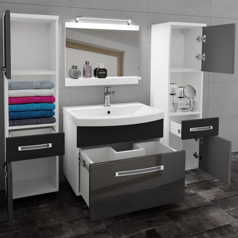 Koupelnový nábytek Belini Premium Full Version šedý lesk / černý mat + umyvadlo + zrcadlo + LED osvětlení Glamour 108 Výrobce GLA PM 6/0/W/SB/0/MB/PP
