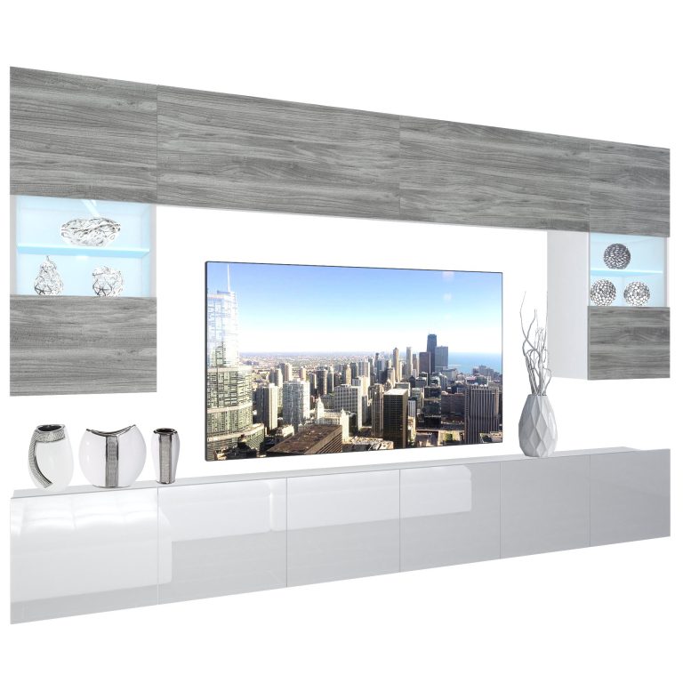 Obývací stěna Belini Premium Full Version šedý antracit Glamour Wood / bílý lesk + LED osvětlení Nexum 3 Výrobce NEX 1/0/W/GW1W/0/0/PP