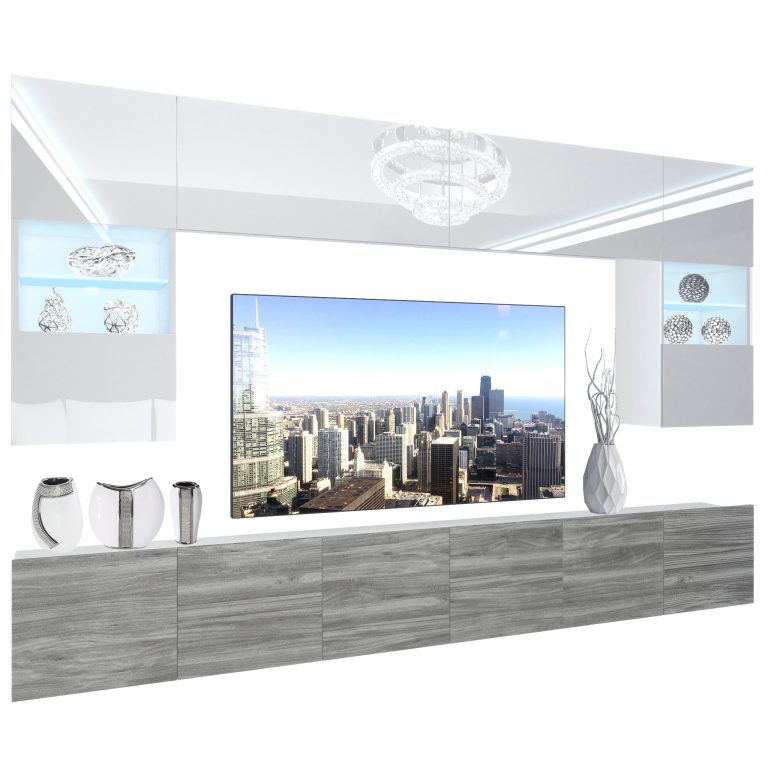 Obývací stěna Belini Premium Full Version  bílý lesk / šedý antracit Glamour Wood + LED osvětlení Nexum 133 Výrobce NEX 1/0/W/WGW1/0/0/PP