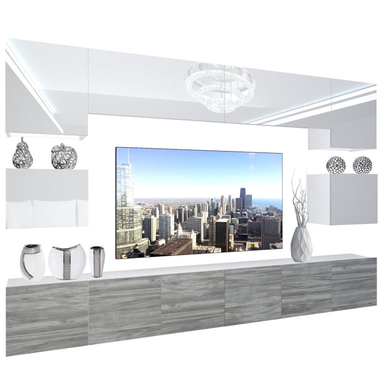 Obývací stěna Belini Premium Full Version  bílý lesk
 / šedý antracit Glamour Wood+ LED osvětlení Nexum 40 Výrobce NEX 3/0/W/WGW1/0/0/PP