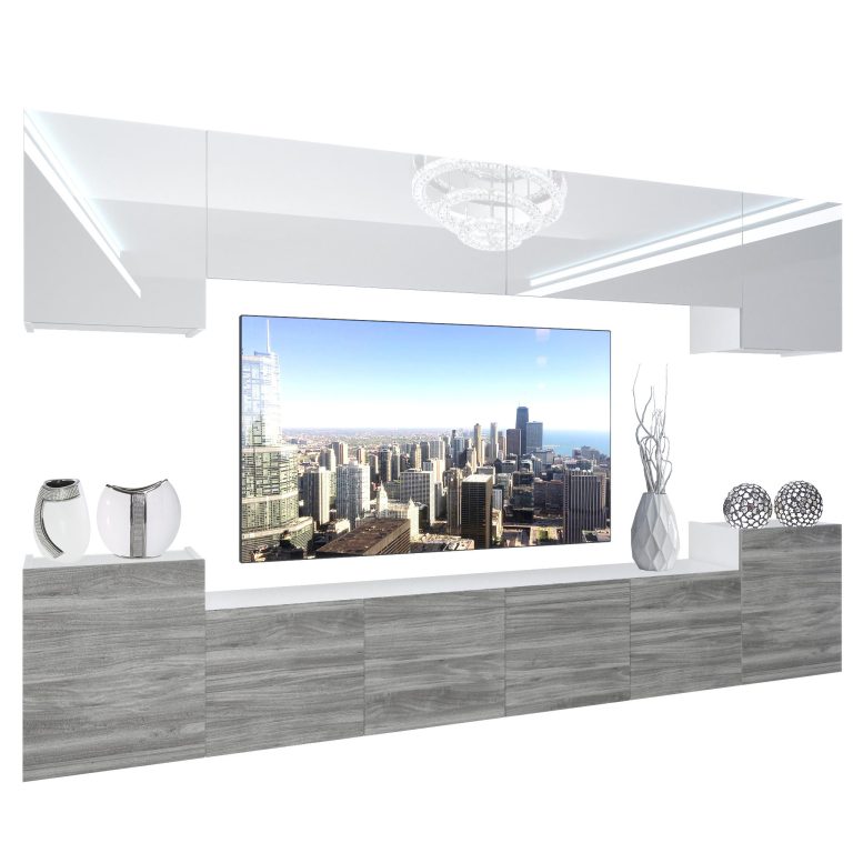 Obývací stěna Belini Premium Full Version bílý lesk / šedý antracit Glamour Wood + LED osvětlení Nexum 58 Výrobce NEX 4/0/W/WGW1/0/0/PP
