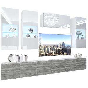 Obývací stěna Belini Premium Full Version  bílý lesk
 / šedý antracit Glamour Wood + LED osvětlení Nexum 76 Výrobce
