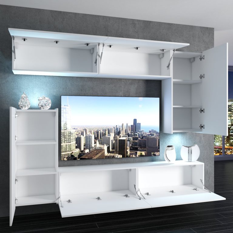 Obývací stěna Belini Premium Full Version  bílý lesk / dšedý antracit Glamour Wood + LED osvětlení Nexum 118 Výrobce NEX 8/0/W/WGW1/0/0/PP
