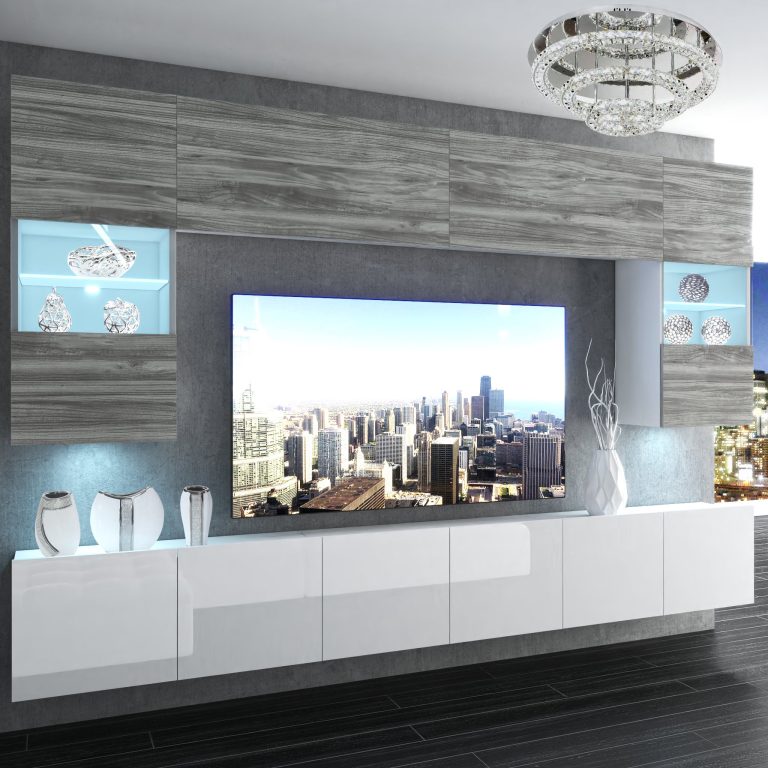 Obývací stěna Belini Premium Full Version šedý antracit Glamour Wood / bílý lesk + LED osvětlení Nexum 3 Výrobce NEX 1/0/W/GW1W/0/0/PP