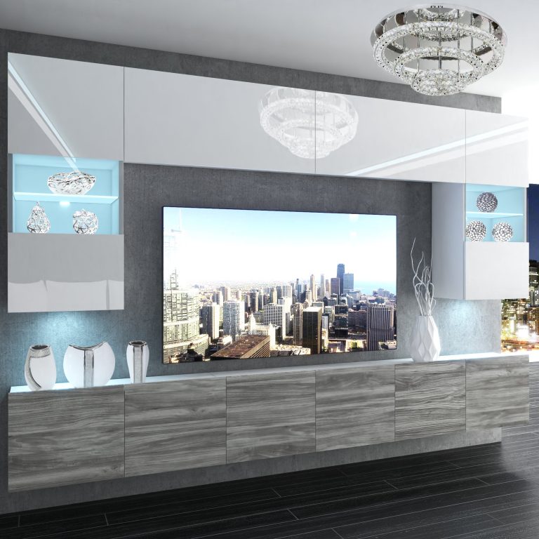 Obývací stěna Belini Premium Full Version  bílý lesk / šedý antracit Glamour Wood + LED osvětlení Nexum 133 Výrobce NEX 1/0/W/WGW1/0/0/PP