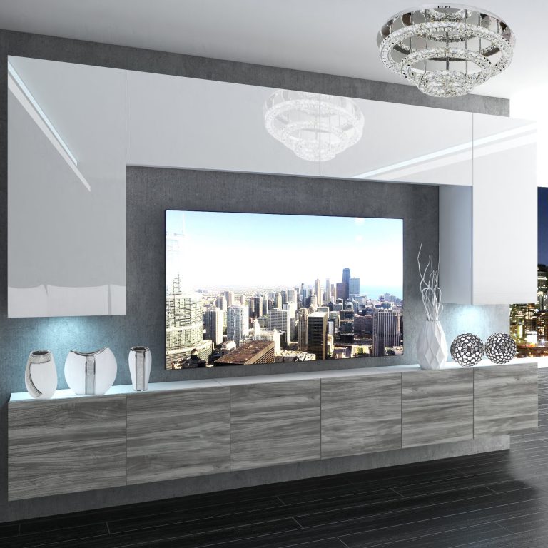 Obývací stěna Belini Premium Full Version  bílý lesk / šedý antracit Glamour Wood + LED osvětlení Nexum 20 Výrobce NEX 2/0/W/WGW1/0/0/PP