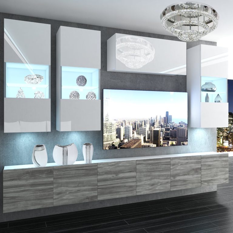 Obývací stěna Belini Premium Full Version  bílý lesk
 / šedý antracit Glamour Wood + LED osvětlení Nexum 76 Výrobce NEX 5/0/W/WGW1/0/0/P
