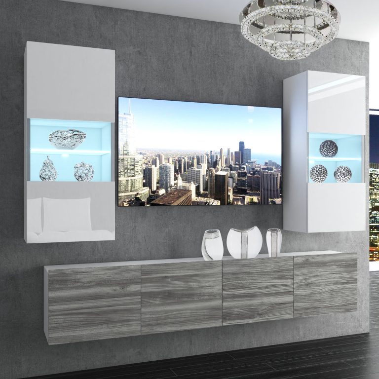 Obývací stěna Belini Premium Full Version  bílý lesk / šedý antracit Glamour Wood + LED osvětlení Nexum 101 Výrobce NEX 7/0/W/WGW1/0/0/PP
