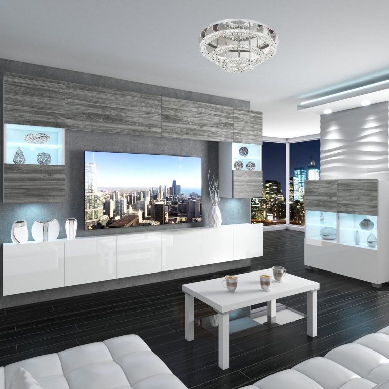 Obývací stěna Belini Premium Full Version šedý antracit Glamour Wood / bílý lesk + LED osvětlení Nexum 3 Výrobce NEX 1/0/W/GW1W/0/0/PP