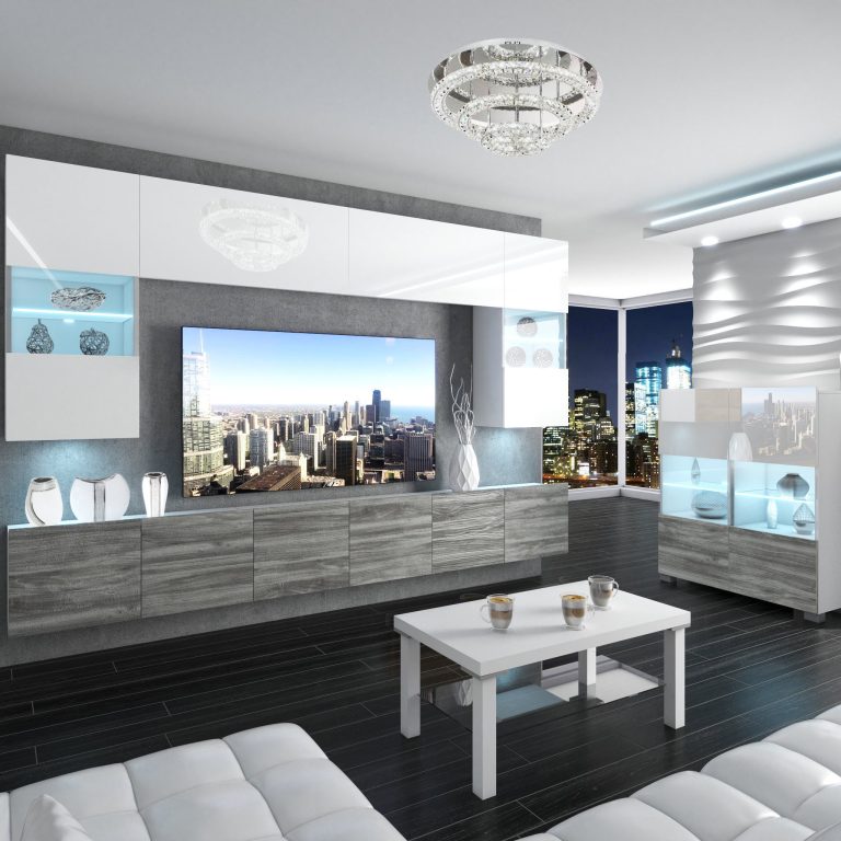 Obývací stěna Belini Premium Full Version  bílý lesk / šedý antracit Glamour Wood + LED osvětlení Nexum 133 Výrobce NEX 1/0/W/WGW1/0/0/PP