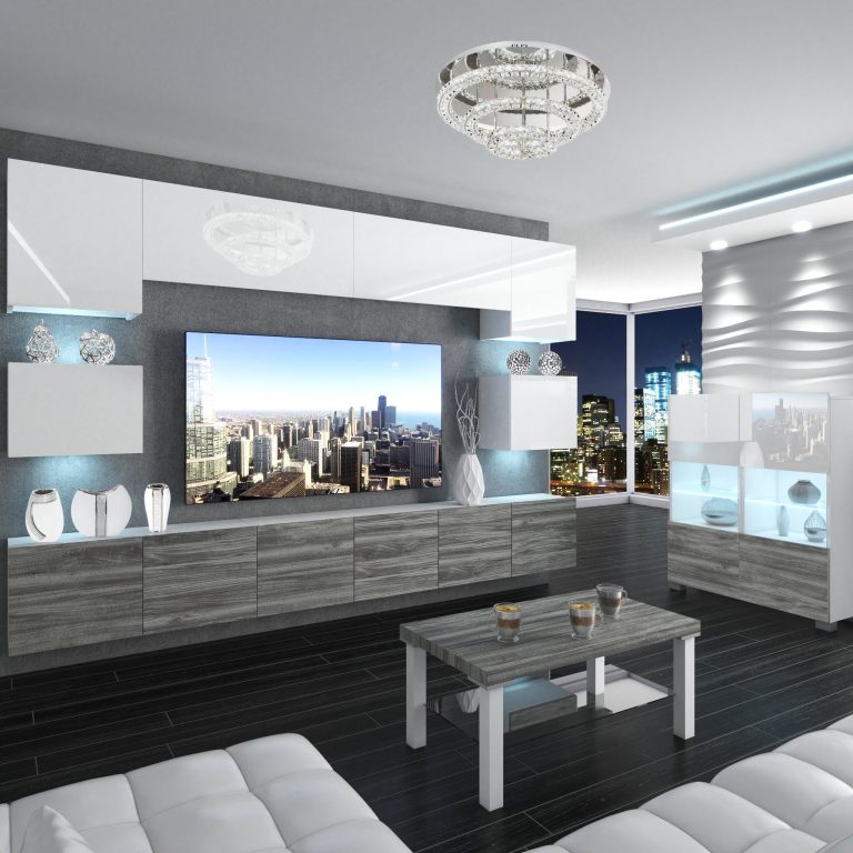 Obývací stěna Belini Premium Full Version  bílý lesk
 / šedý antracit Glamour Wood+ LED osvětlení Nexum 40 Výrobce NEX 3/0/W/WGW1/0/0/PP